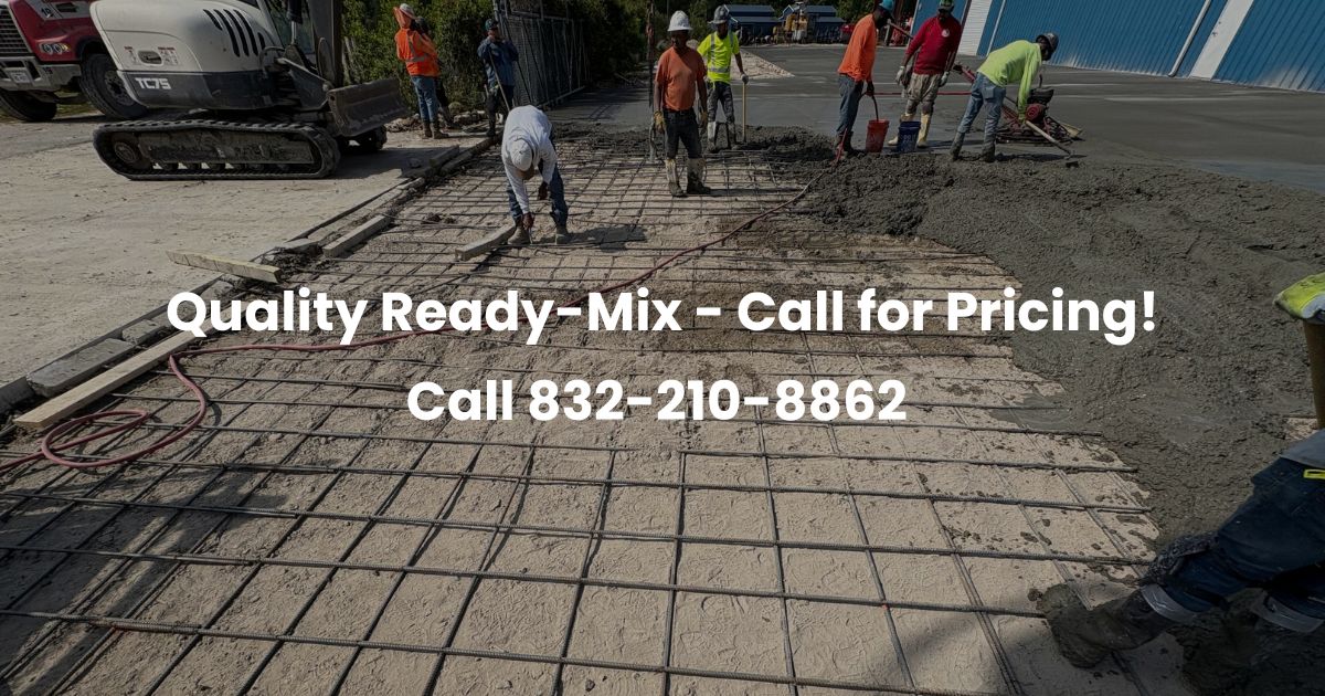 Crew pouring a load of ready-mix concrete from truck over rebar forms, showing concrete delivery cost