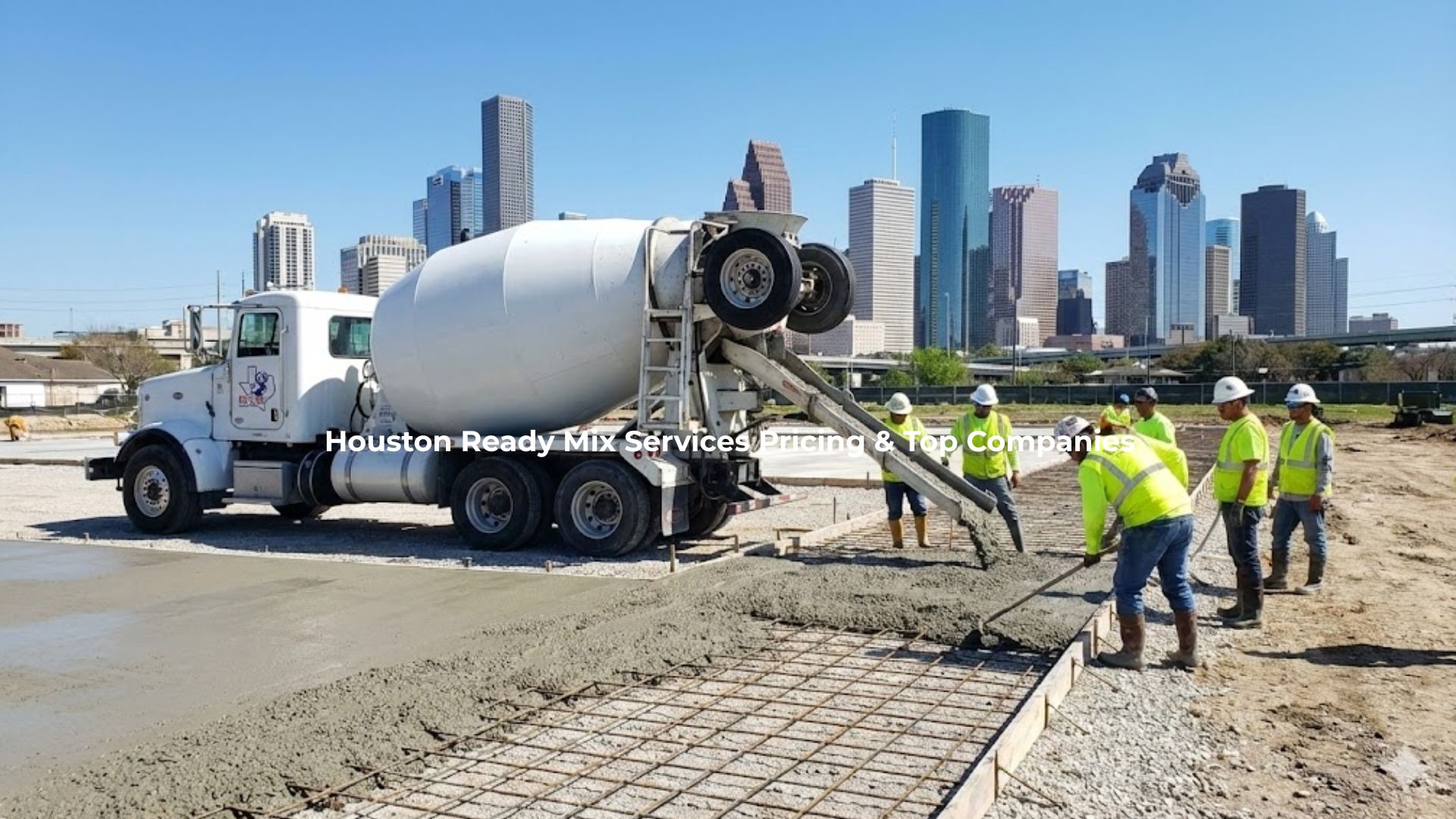 A Bucks Ready Mix truck pouring a commercial parking lot, illustrating the quality you expect when researching Houston ready mix concrete services pricing and top companies in Houston.