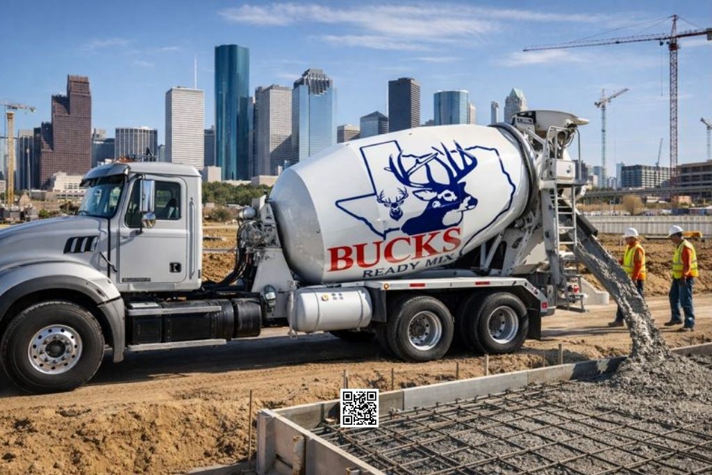 Houston ready mix concrete truck pouring foundation